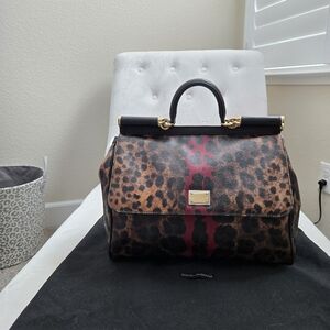 Authentic Dolce & Gabbana Leopard Print Sicily Satchel - Black, Brown, and Red